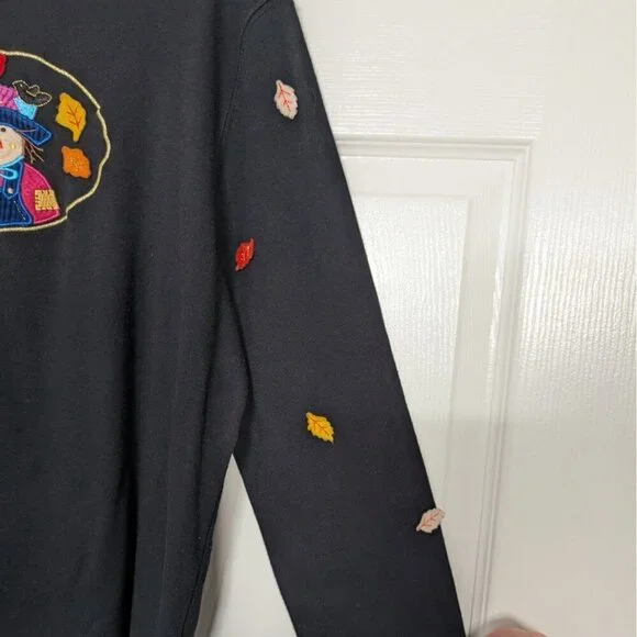 Vintage Fall Scarecrow Embroidered Shirt Womens Size Large Black Long Sleeve - Picture 5 of 11